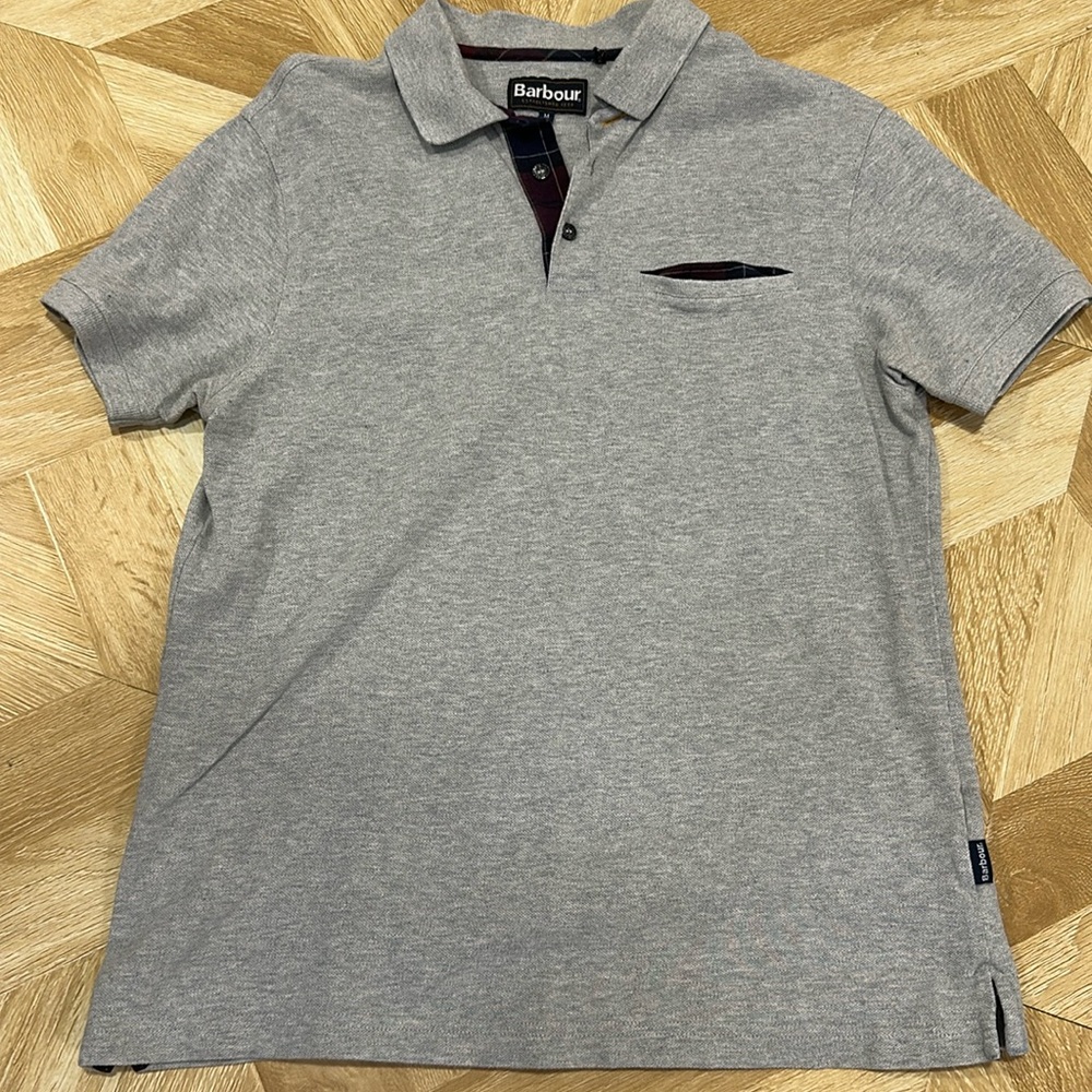 Barbour polo shirt in gray with dark red tartan trim